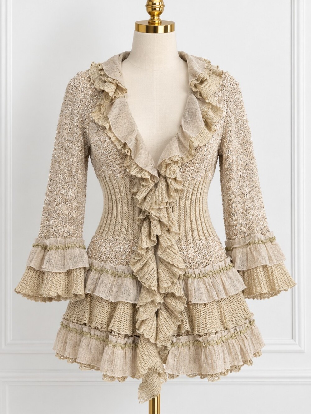 PAOLA POGGI ITALY.  Long Ruffle And Lace Cream Cardigan.